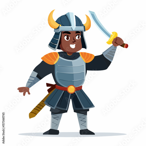 A funny cartoon samurai character with oversized armor, a tiny sword, clumsy pose