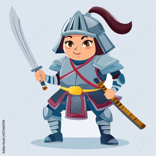 A funny cartoon samurai character with oversized armor, a tiny sword, clumsy pose