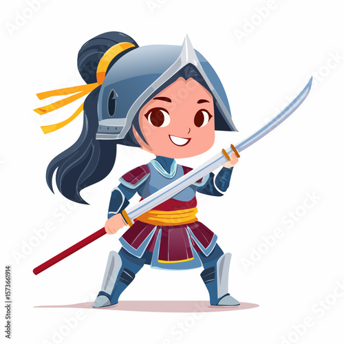A cheerful young cartoon samurai apprentice practicing with a wooden sword, wearing beginner