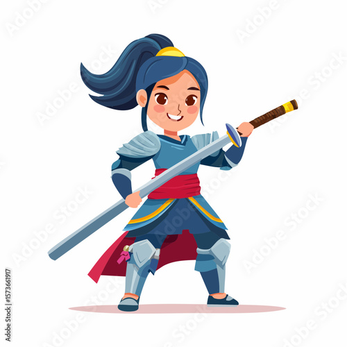 A cheerful young cartoon samurai apprentice practicing with a wooden sword, wearing beginner