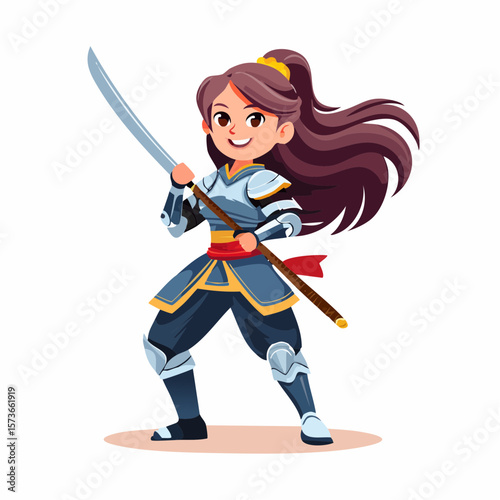 A cheerful young cartoon samurai apprentice practicing with a wooden sword, wearing beginner