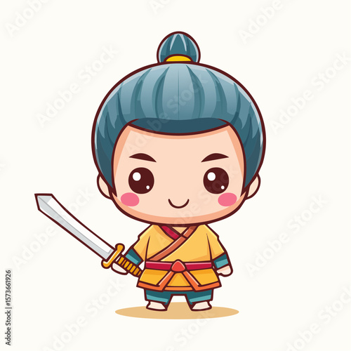 A strong female cartoon samurai character in elegant yet practical armor, holding a naginata