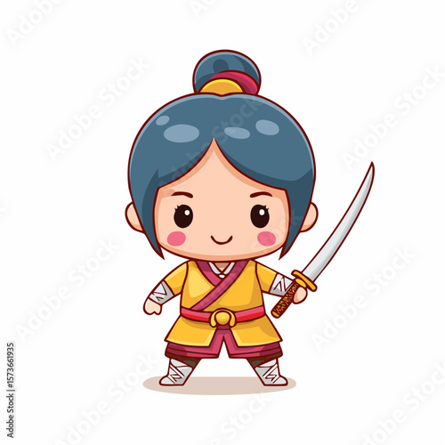 A strong female cartoon samurai character in elegant yet practical armor, holding a naginata