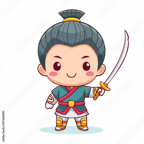 A strong female cartoon samurai character in elegant yet practical armor, holding a naginata
