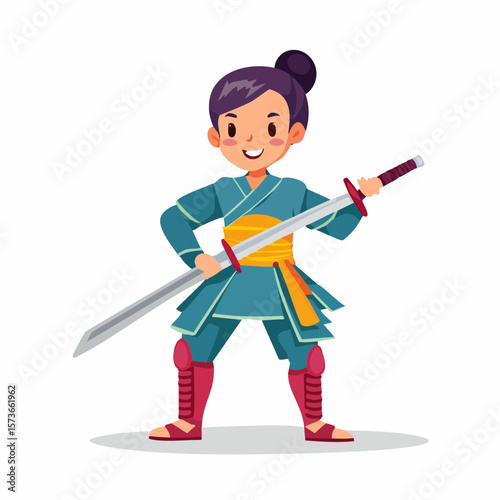 A strong female cartoon samurai character in elegant yet practical armor, holding a naginata
