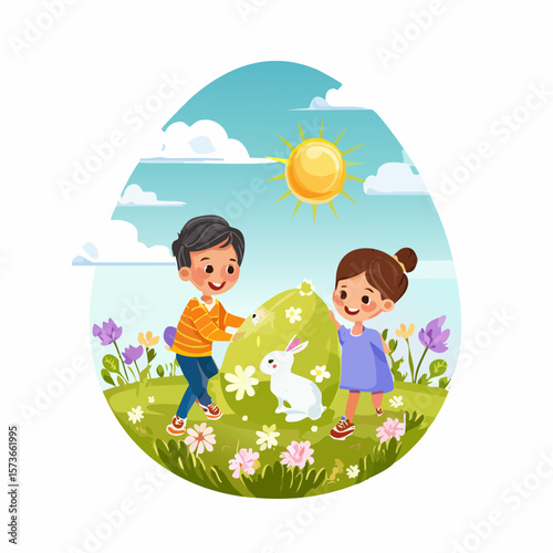 A cheerful vector illustration of an Easter egg hunt with children collecting colorful eggs