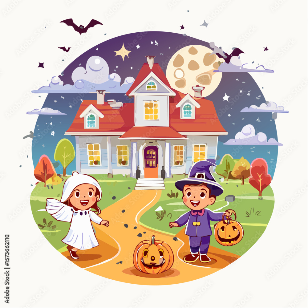Naklejka premium A spooky and fun vector illustration of a Halloween night with kids in costumes trick-or-tre