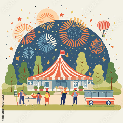 A colorful vector illustration of a 4th of July celebration, with fireworks lighting