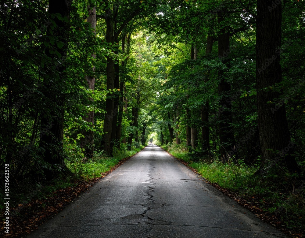 Naklejka premium Forest road, trees, daylight