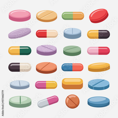 Collection of Colorful Cartoon Medicine Pills and Capsules