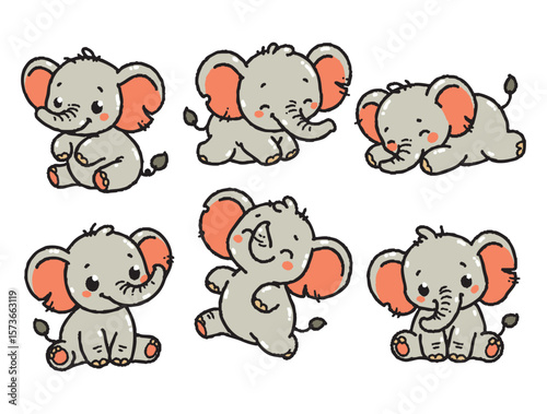 Set of cute elephants in various poses with hand-drawn vector illustrations. Doodle flat art style, isolated and easy to use for creative projects and designs.