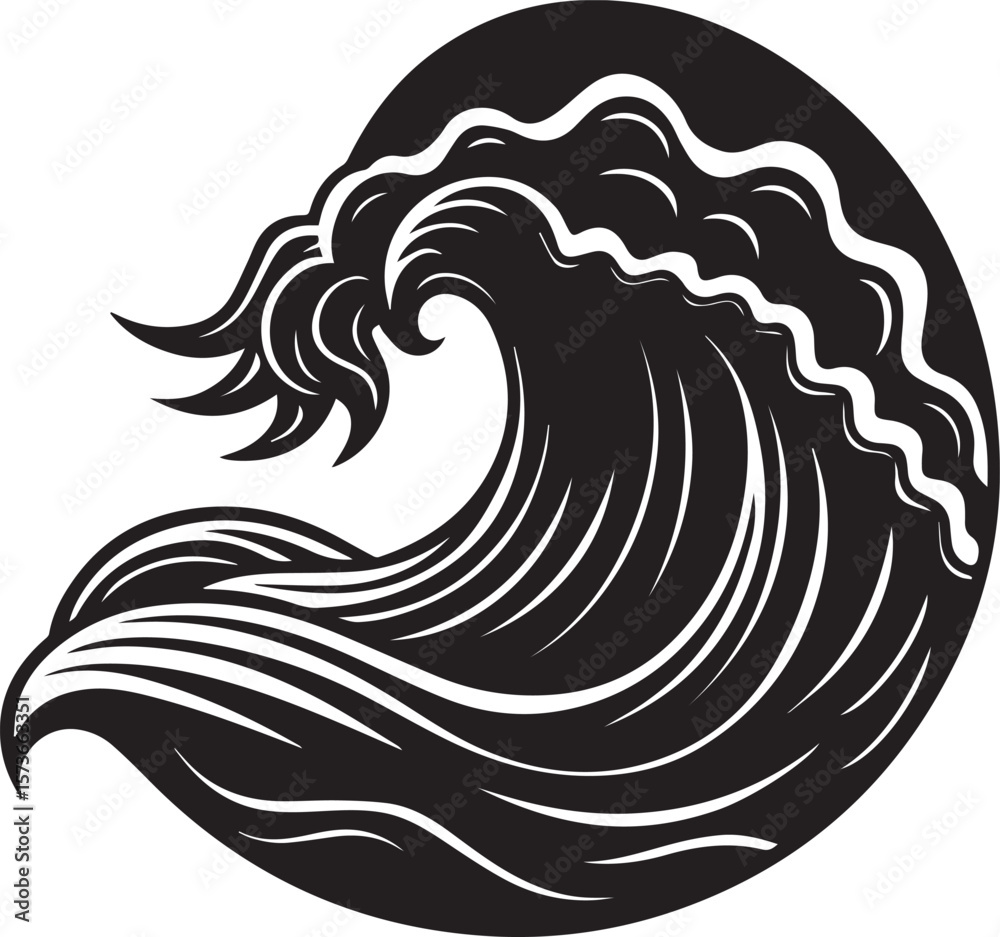 Naklejka premium sea wave round silhouette vector illustration, sea wave round icon black and white