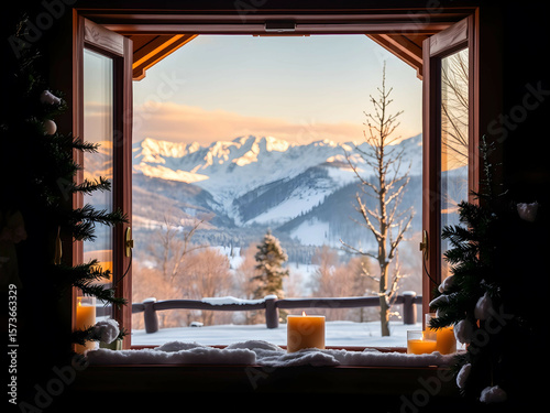 Snowy Mountain Cabin with Scenic Window View, No 035 – AI Generated