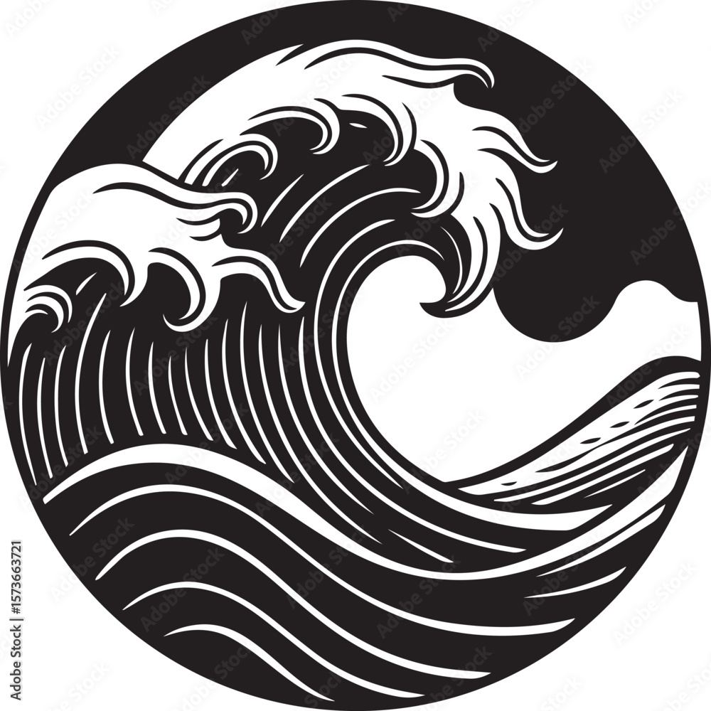 Obraz premium sea wave round silhouette vector illustration, sea wave round icon black and white