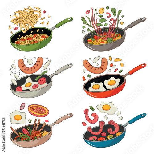Different Foods Cooking in Skillets