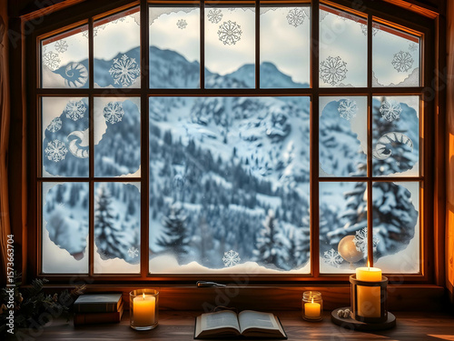 Snowy Mountain Cabin with Scenic Window View, No 031 – AI Generated