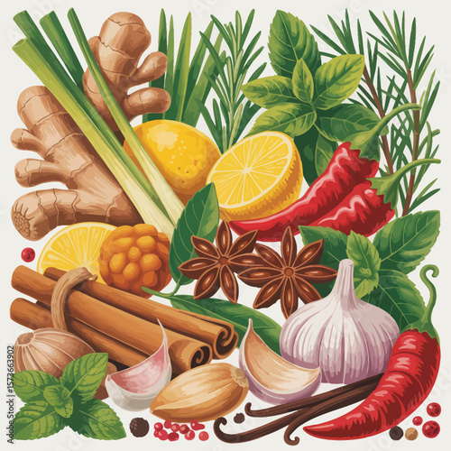 Colorful Assortment of Fresh Herbs and Spices