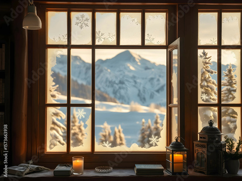 Snowy Mountain Cabin with Scenic Window View, No 029 – AI Generated