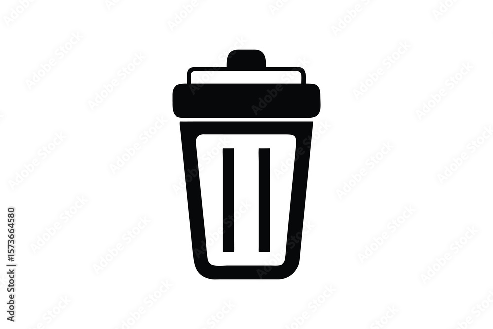Simple black and white graphic icon representing a trash can or waste bin on a clean white background Simple black and white graphic icon representing a trash can or waste bin on a clean white background