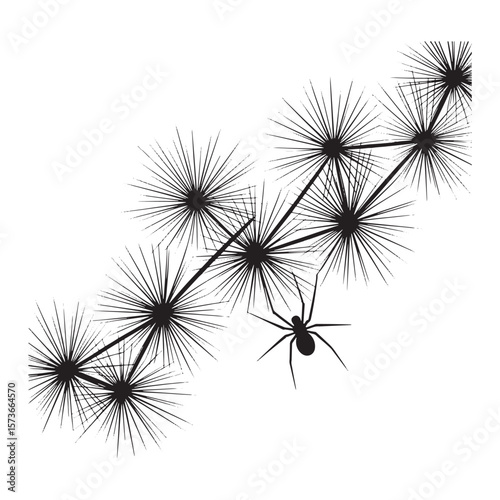 Stylized black spider silhouette on a geometric web structure with spiky starburst elements