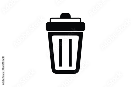 Simple black and white graphic icon representing a trash can or waste bin on a clean white background
