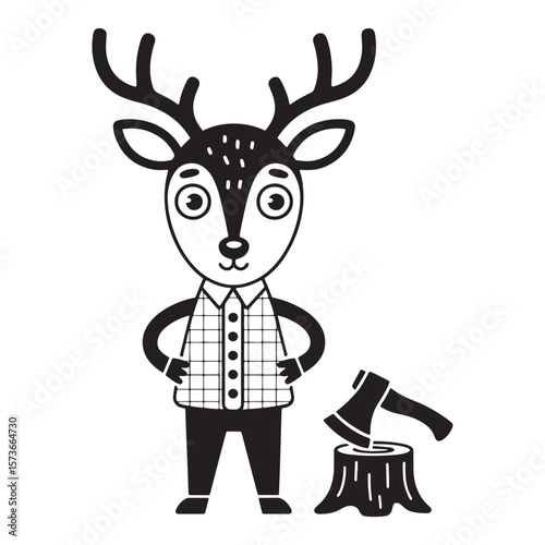 Cute cartoon deer wearing a plaid shirt standing next to a tree stump with an axe