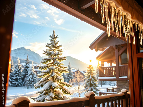 Snowy Mountain Cabin with Scenic Window View, No 025 – AI Generated