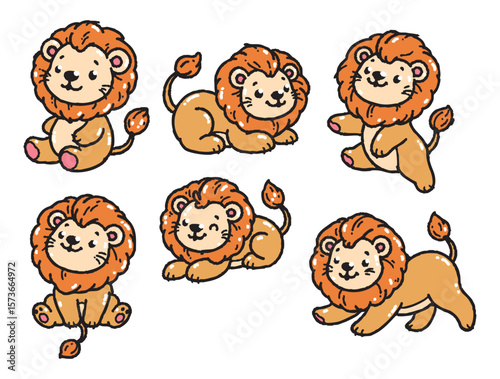 Set of cute lions in various poses with hand-drawn vector illustrations. Doodle flat art style, isolated and easy to use for creative projects and designs.