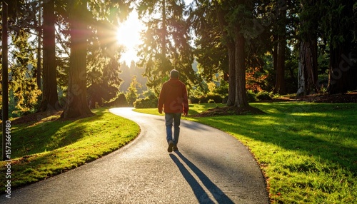 Man walking path in park at sunrise