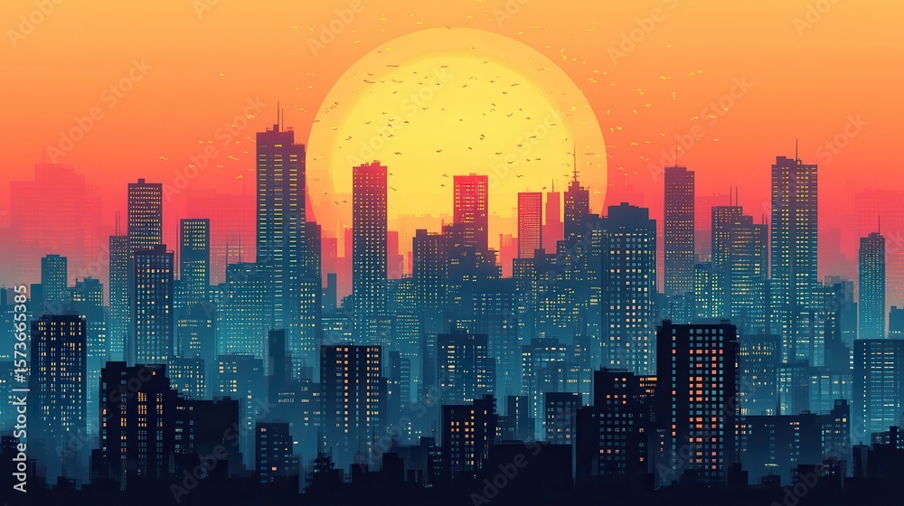 Fototapeta premium Sunset cityscape, skyscrapers, orange sky, birds, urban background, website banner