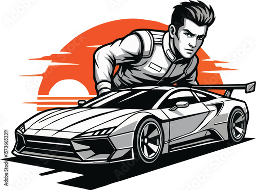 A determined racing driver leans over his sleek, powerful sports car, set against a dramatic sunset backdrop.