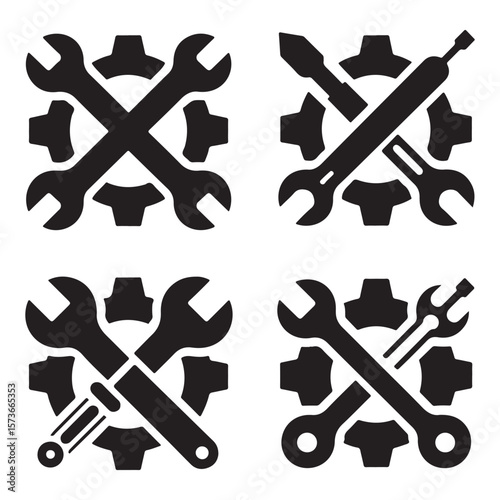 Gear and Wrench Icon Set – Industrial Maintenance and Repair Tools in Black Silhouette Style

