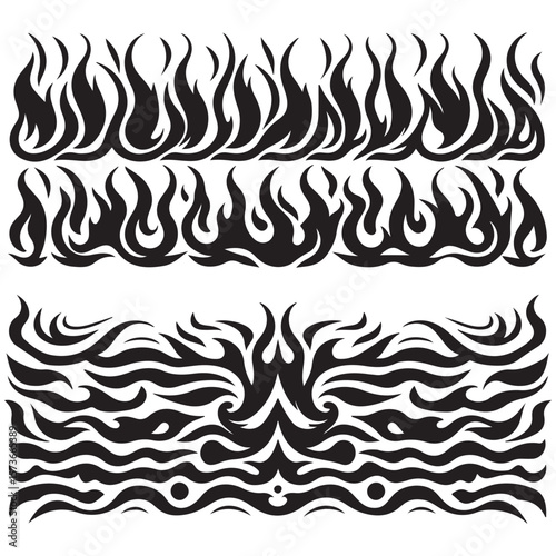 Tribal Flame Tattoo Vector Set – Fire Border Silhouettes and Decorative Elements

