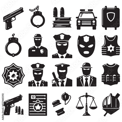Law Enforcement and Crime Icon Set – Police, Gun, Badge & Justice Vectors

