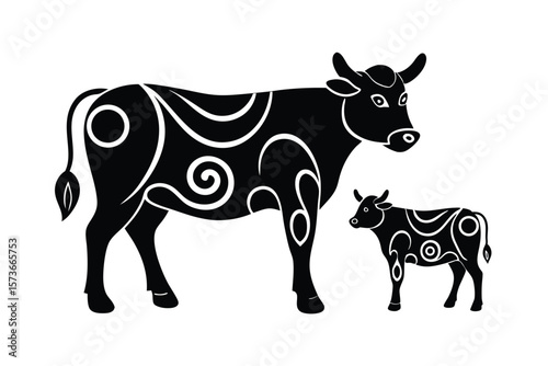 Cow and calf in stylized folk pattern rural affection vector art illustration