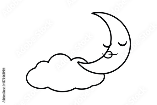 Crescent moon with sleepy expression and clouds peaceful night vector art illustration