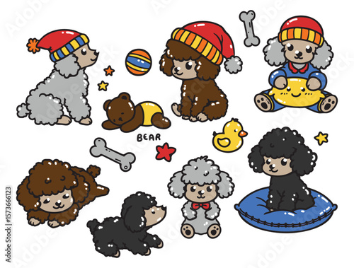Set of cute poodle dogs in various poses with hand-drawn vector illustrations. Doodle flat art style, isolated and easy to use for creative projects and designs.