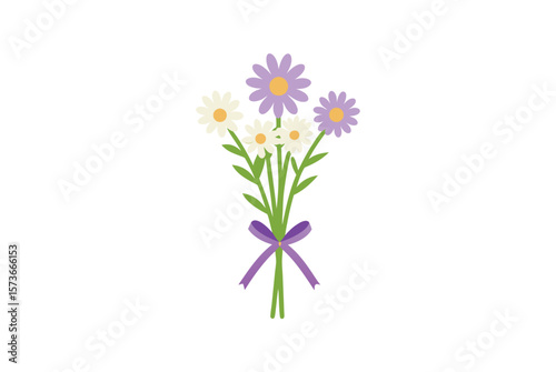 Daisy and lavender bouquet with ribbon fragrant blossoms vector art illustration