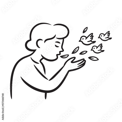 Stylized illustration of a person blowing seeds that transform into flying birds against a white background