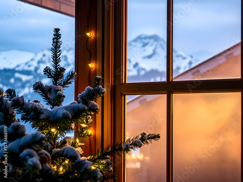 Snowy Mountain Cabin with Scenic Window View, No 006 – AI Generated