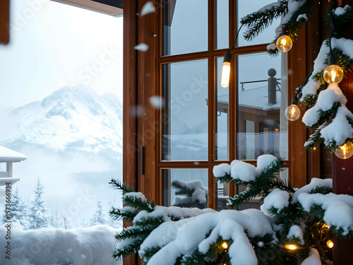 Snowy Mountain Cabin with Scenic Window View, No 005 – AI Generated