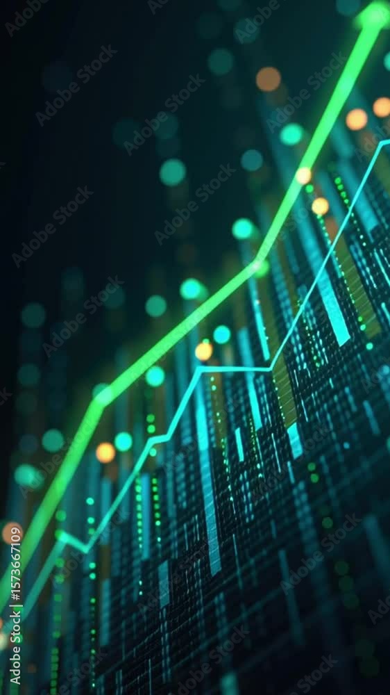 Stock Market Ascent: A dynamic depiction of the stock market, showcasing a vibrant green arrow indicating upward progress amidst a backdrop of digital data and rising graphs.