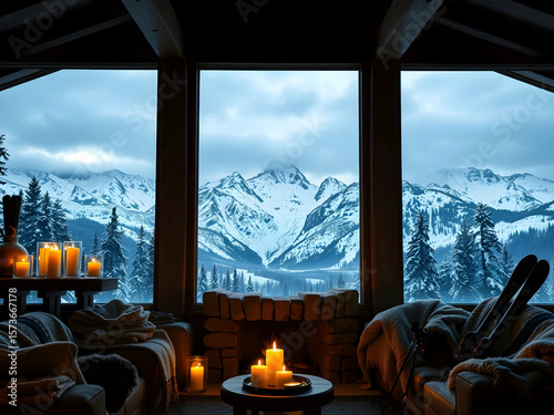 Snowy Mountain Cabin with Scenic Window View, No 003 – AI Generated