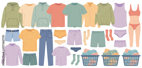 Collection of casual clothing and laundry baskets with folded clothes