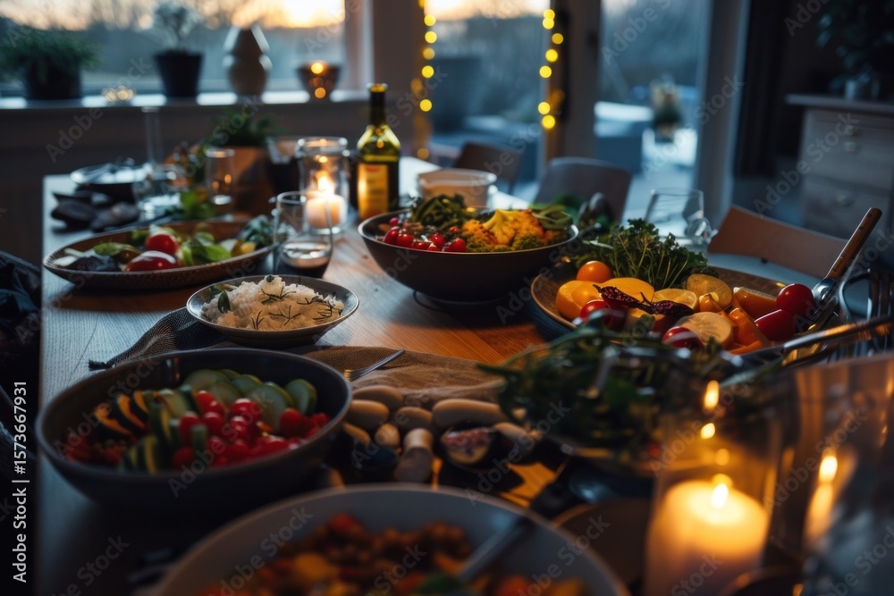 Fototapeta premium A delicious Christmas banquet table setting with glowing candles awaits a festive dinner or party event