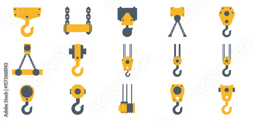 Collection of various industrial crane hooks and lifting equipment components