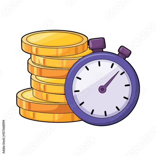 Stack of gold coins next to a stopwatch symbolizing time and money