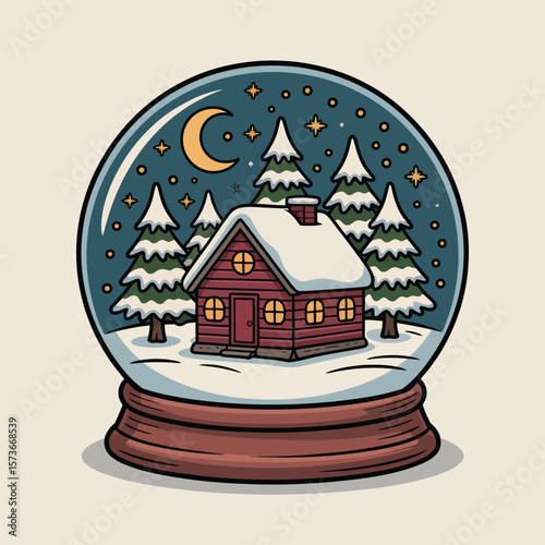 Charming winter cabin scene inside a snow globe with crescent moon and stars
