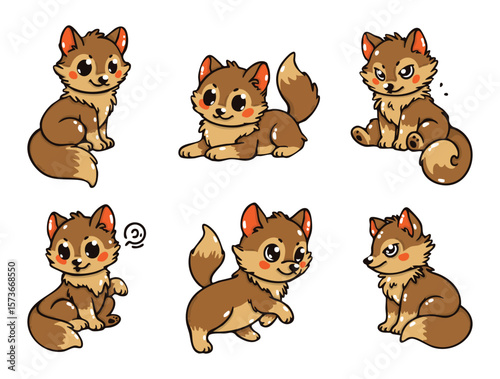 Set of cute wolves with pajamas in various poses, vector illustrations. Doodle flat art style, isolated and easy to use for creative projects and designs.