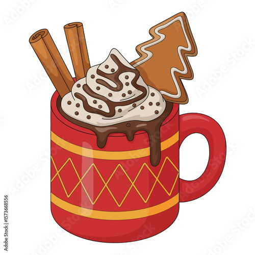 Festive red mug filled with hot chocolate topped with whipped cream and a gingerbread tree